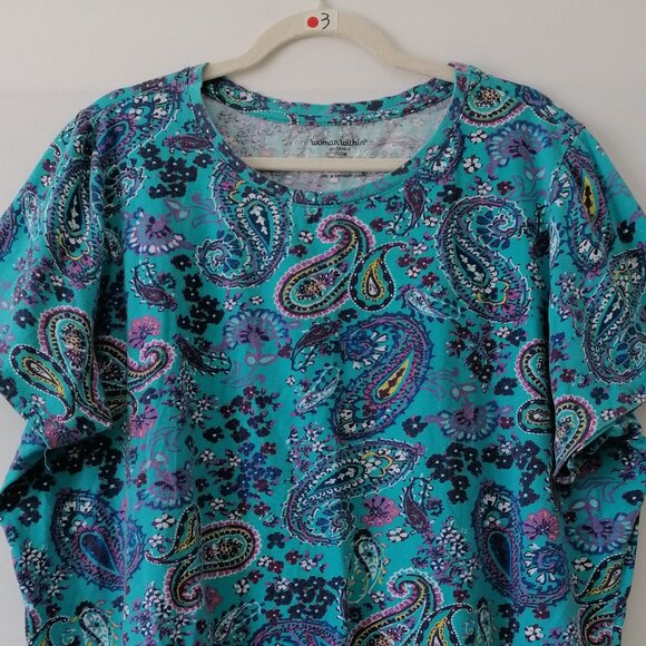 Woman Within Womens Teal Blue Round Neck Paisley Print Tunic T-Shirt Size 2X - Picture 2 of 7